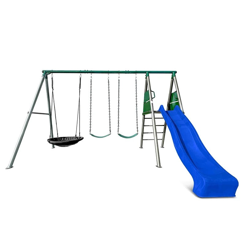 Lifespan Kids Europa Commercial Steel Triple Swing Set with Slide (Blue Slide)