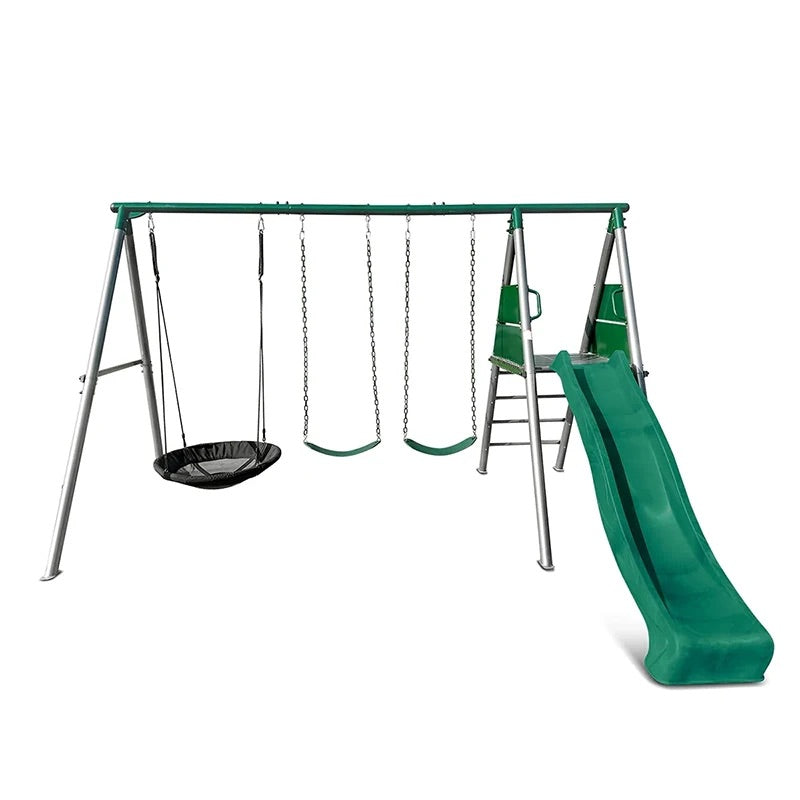 Lifespan Kids Europa Commercial Steel Triple Swing Set with Slide (Green Slide)