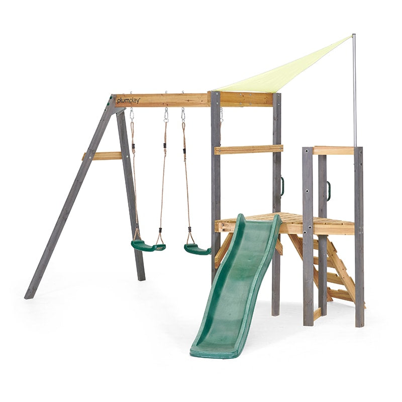 Plum Barbary Wooden Play Centre with 6ft Slide, Double Swing & Shade Cover