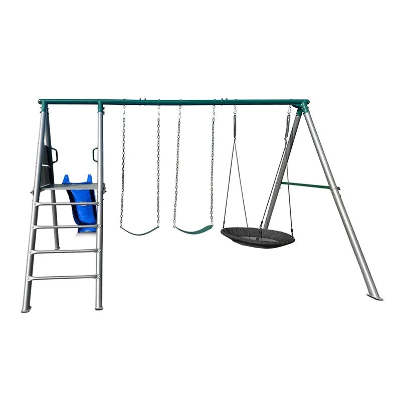 Lifespan Kids Europa Commercial Steel Triple Swing Set with Slide (Blue Slide)
