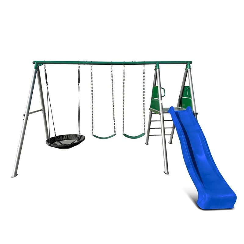 Lifespan Kids Europa Commercial Steel Triple Swing Set with Slide (Blue Slide)