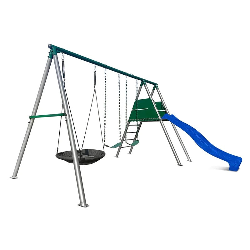 Lifespan Kids Europa Commercial Steel Triple Swing Set with Slide (Blue Slide)