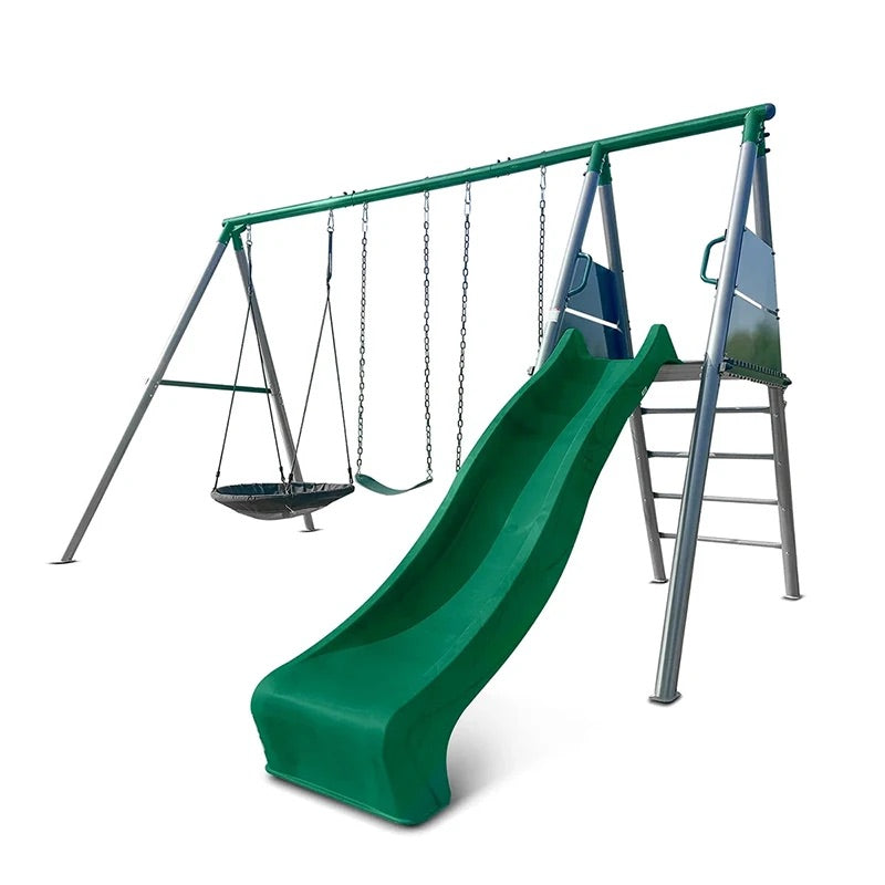 Lifespan Kids Europa Commercial Steel Triple Swing Set with Slide (Green Slide)