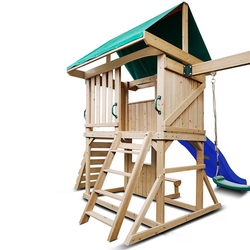 Lifespan Kids Carindale Play Centre with Playhouse, Slide and Triple Swing Set (Blue Slide)