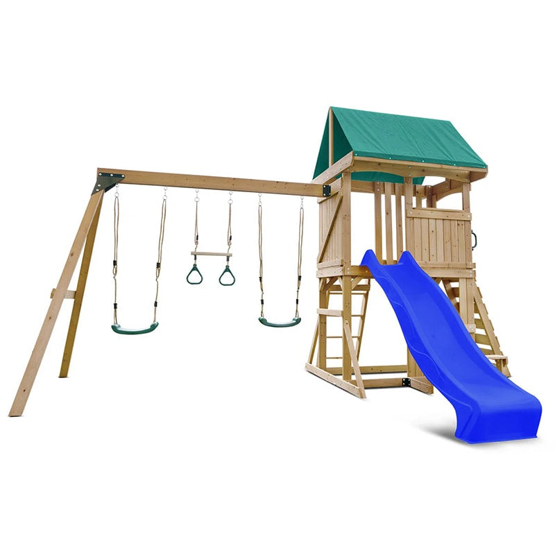 Lifespan Kids Carindale Play Centre with Playhouse, Slide and Triple Swing Set (Blue Slide)