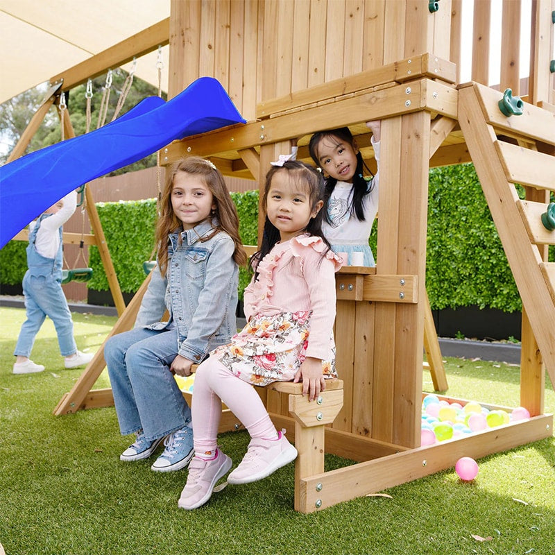 Lifespan Kids Carindale Play Centre with Playhouse, Slide and Triple Swing Set (Blue Slide)