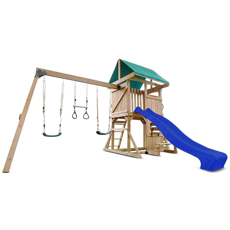 Lifespan Kids Carindale Play Centre with Playhouse, Slide and Triple Swing Set (Blue Slide)