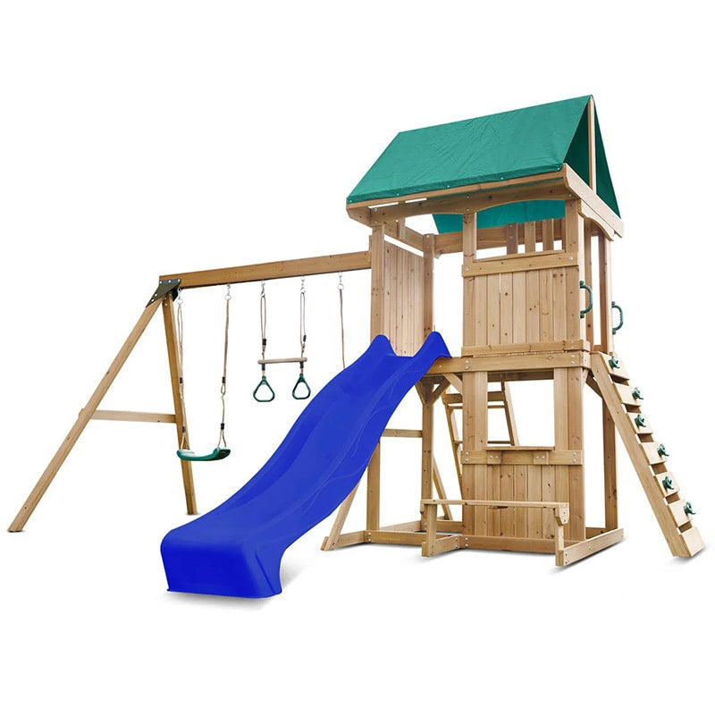 Lifespan Kids Carindale Play Centre with Playhouse, Slide and Triple Swing Set (Blue Slide)