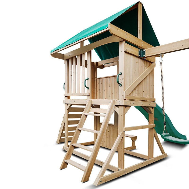 Lifespan Kids Carindale Play Centre with Playhouse, Slide and Triple Swing Set (Green Slide)