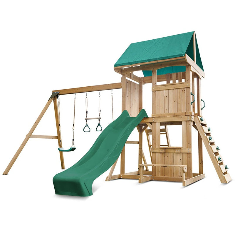 Lifespan Kids Carindale Play Centre with Playhouse, Slide and Triple Swing Set (Green Slide)