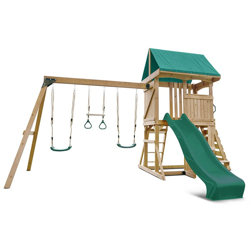 Lifespan Kids Carindale Play Centre with Playhouse, Slide and Triple Swing Set (Green Slide)