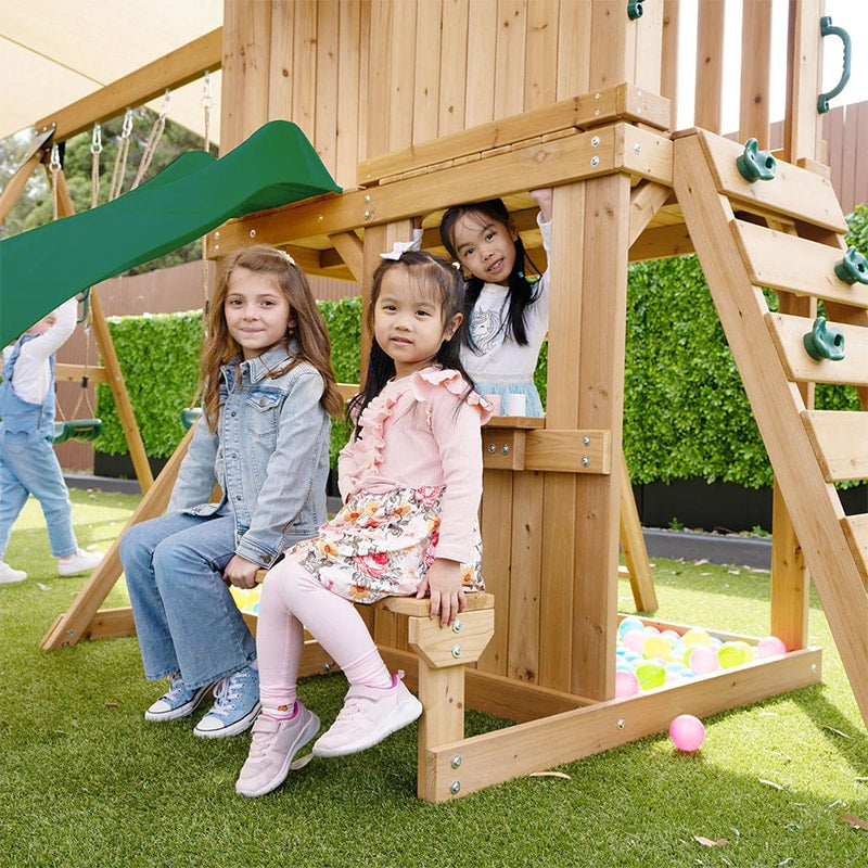 Lifespan Kids Carindale Play Centre with Playhouse, Slide and Triple Swing Set (Green Slide)