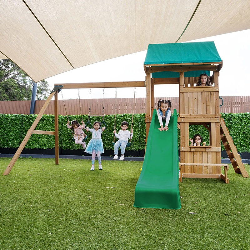 Lifespan Kids Carindale Play Centre with Playhouse, Slide and Triple Swing Set (Green Slide)