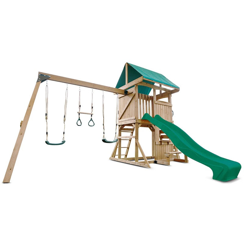 Lifespan Kids Carindale Play Centre with Playhouse, Slide and Triple Swing Set (Green Slide)