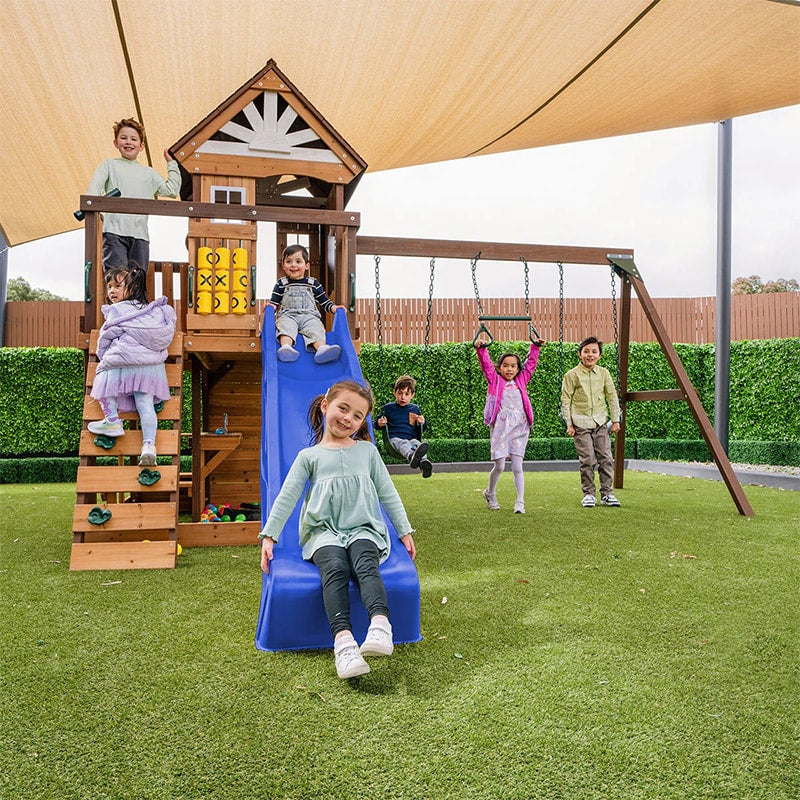 Lifespan Kids Coventry Play Centre with Triple Swing, Slide and Raised Playhouse (Blue Slide)