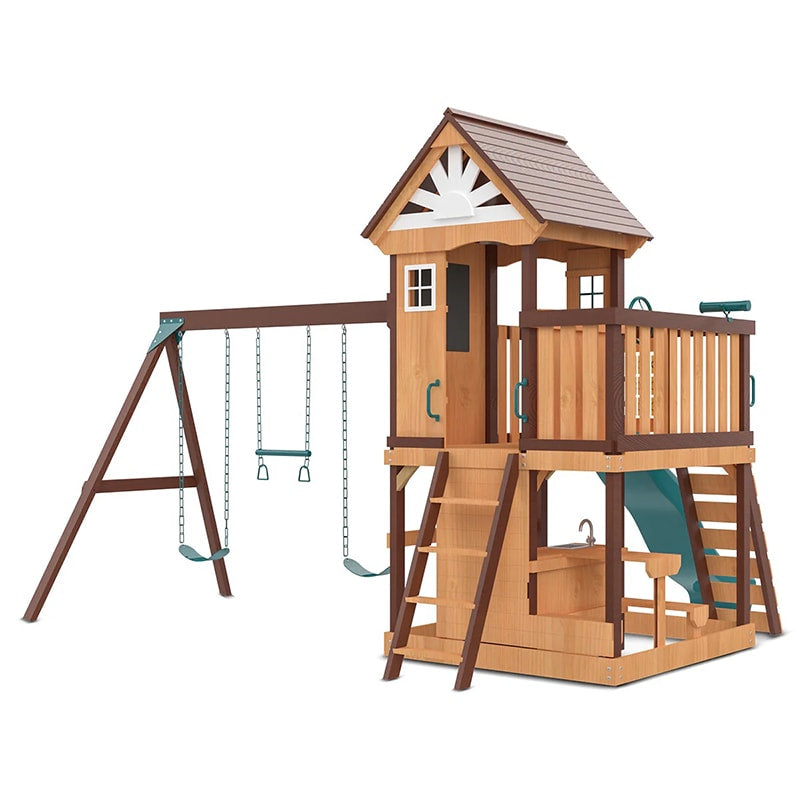 Lifespan Kids Coventry Play Centre with Triple Swing, Slide and Raised Playhouse (Green Slide)