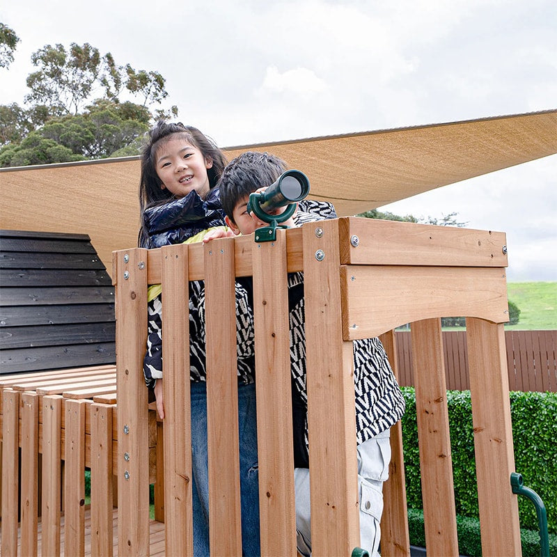 Lifespan Kids Kensington Wooden Play Centre with Cubby House, Double Swing, Slide and Monkey Bars (Blue Slide)