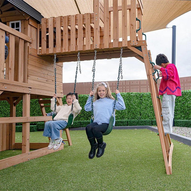 Lifespan Kids Kensington Wooden Play Centre with Cubby House, Double Swing, Slide and Monkey Bars