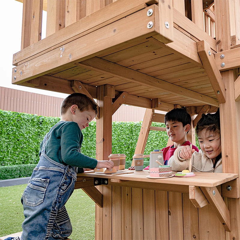 Lifespan Kids Kensington Wooden Play Centre with Cubby House, Double Swing, Slide and Monkey Bars (Blue Slide)