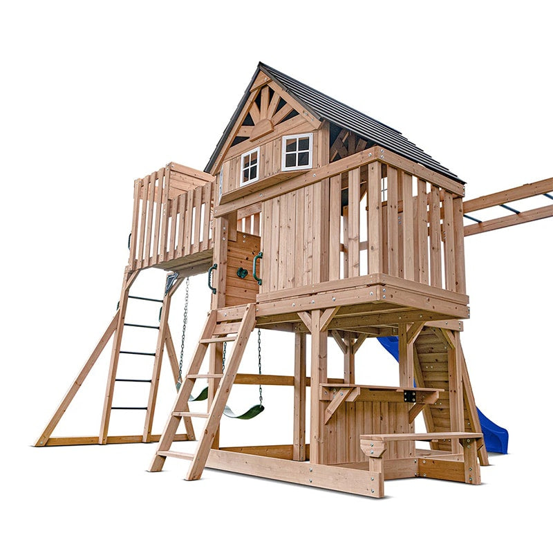 Lifespan Kids Kensington Wooden Play Centre with Cubby House, Double Swing, Slide and Monkey Bars