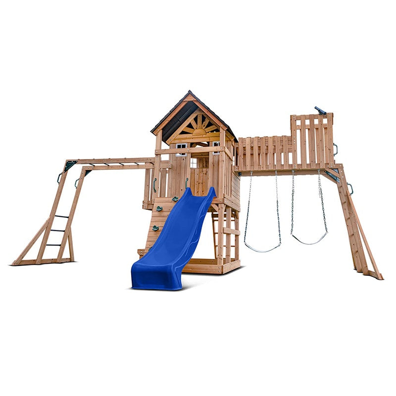 Lifespan Kids Kensington Wooden Play Centre with Cubby House, Double Swing, Slide and Monkey Bars