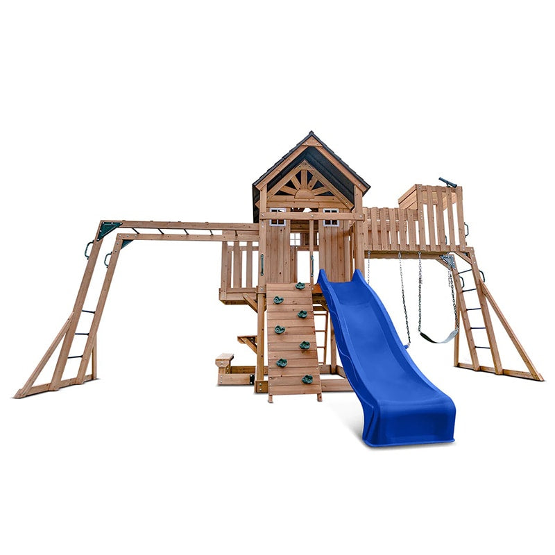 Lifespan Kids Kensington Wooden Play Centre with Cubby House, Double Swing, Slide and Monkey Bars (Blue Slide)