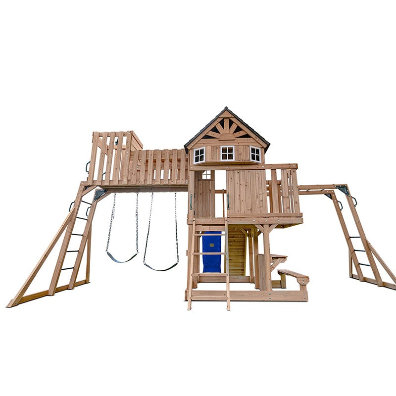 Lifespan Kids Kensington Wooden Play Centre with Cubby House, Double Swing, Slide and Monkey Bars