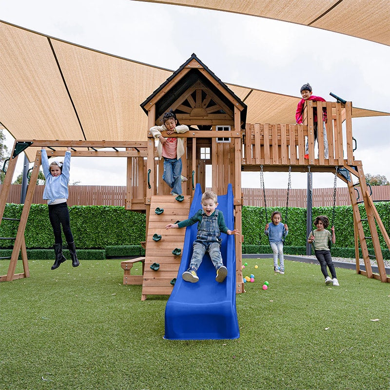 Lifespan Kids Kensington Wooden Play Centre with Cubby House, Double Swing, Slide and Monkey Bars (Blue Slide)