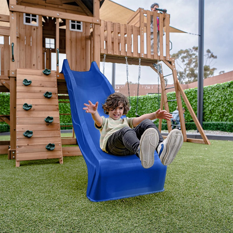 Lifespan Kids Kensington Wooden Play Centre with Cubby House, Double Swing, Slide and Monkey Bars (Blue Slide)