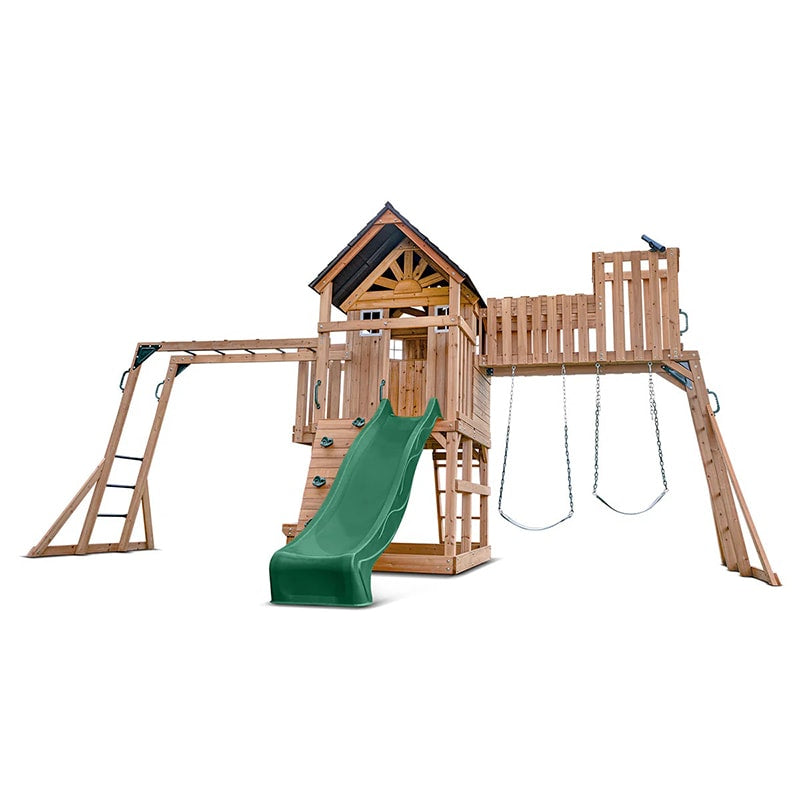 Lifespan Kids Kensington Wooden Play Centre with Cubby House, Double Swing, Slide and Monkey Bars