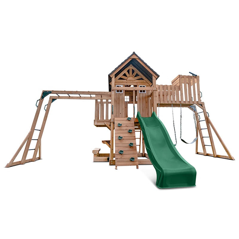 Lifespan Kids Kensington Wooden Play Centre with Cubby House, Double Swing, Slide and Monkey Bars