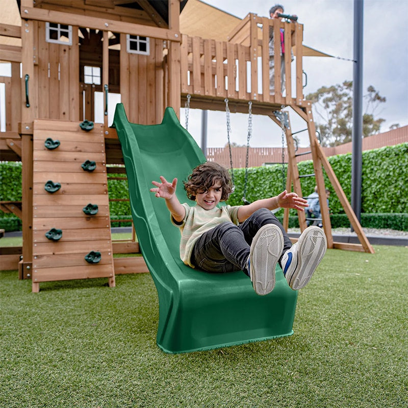 Lifespan Kids Kensington Wooden Play Centre with Cubby House, Double Swing, Slide and Monkey Bars (Green Slide)