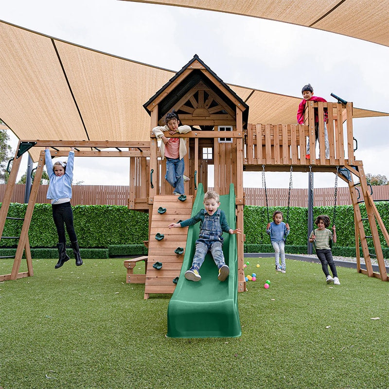 Lifespan Kids Kensington Wooden Play Centre with Cubby House, Double Swing, Slide and Monkey Bars (Green Slide)