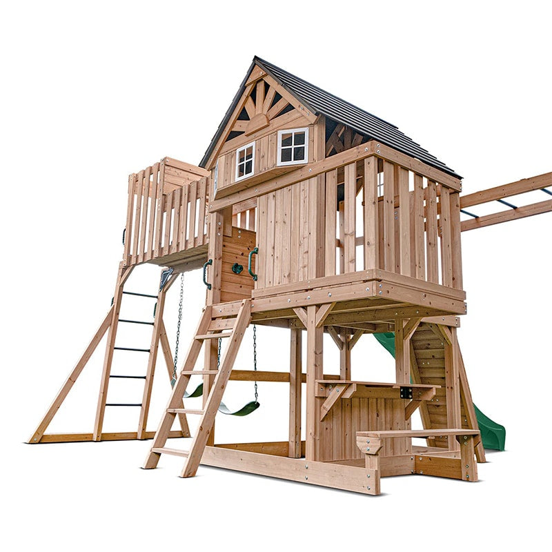 Lifespan Kids Kensington Wooden Play Centre with Cubby House, Double Swing, Slide and Monkey Bars (Green Slide)