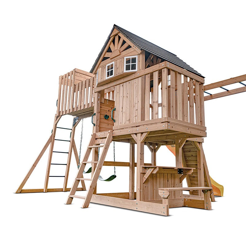 Lifespan Kids Kensington Wooden Play Centre with Cubby House, Double Swing, Slide and Monkey Bars