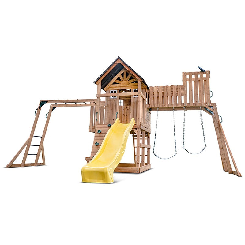 Lifespan Kids Kensington Wooden Play Centre with Cubby House, Double Swing, Slide and Monkey Bars