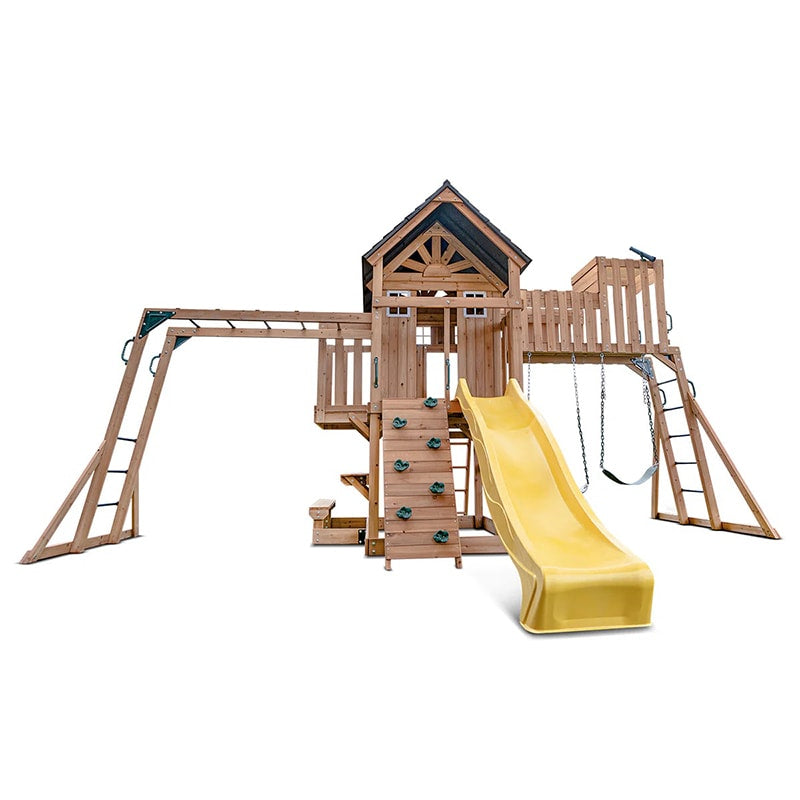 Lifespan Kids Kensington Wooden Play Centre with Cubby House, Double Swing, Slide and Monkey Bars