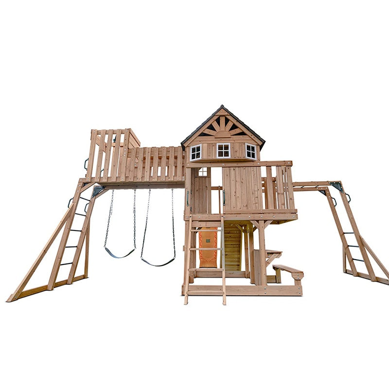 Lifespan Kids Kensington Wooden Play Centre with Cubby House, Double Swing, Slide and Monkey Bars