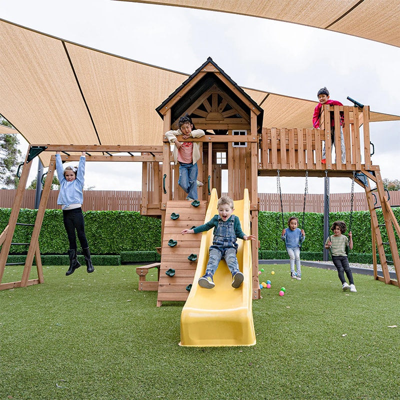 Lifespan Kids Kensington Wooden Play Centre with Cubby House, Double Swing, Slide and Monkey Bars