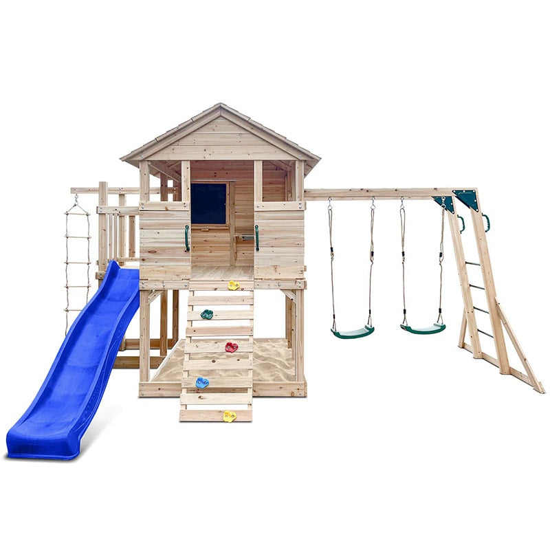 Lifespan Kids Kingston Cubby House with Slide, Double Swings, Monkey Bars and Sandpit (Blue Slide)