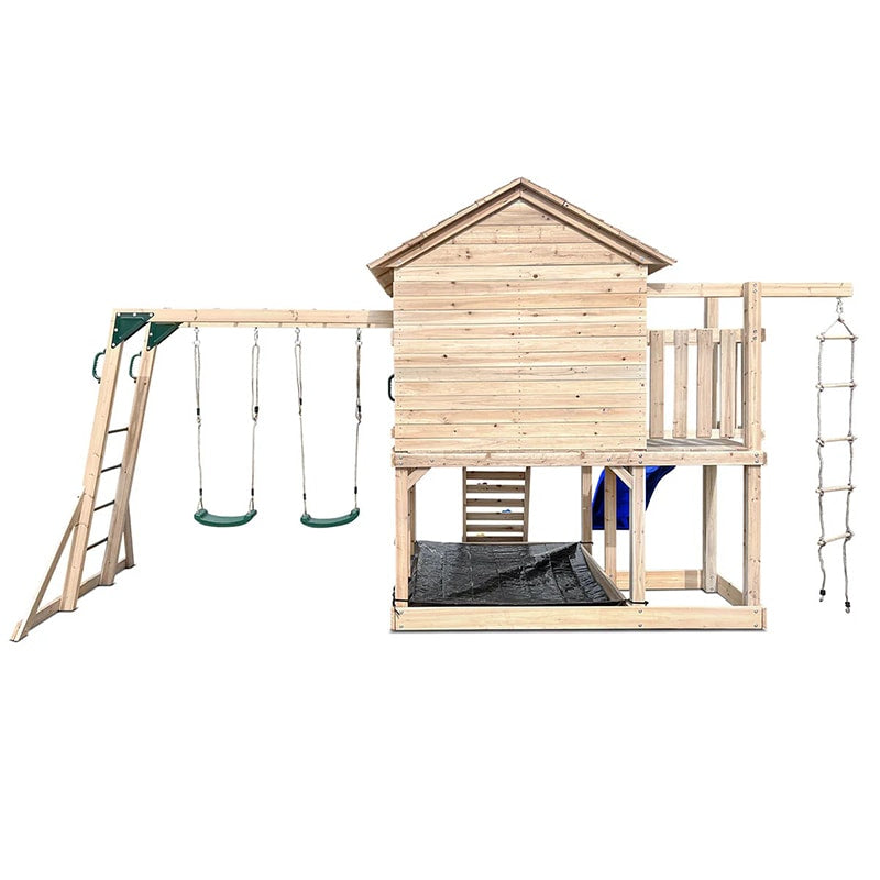 Lifespan Kids Kingston Cubby House with Slide, Double Swings, Monkey Bars and Sandpit (Blue Slide)