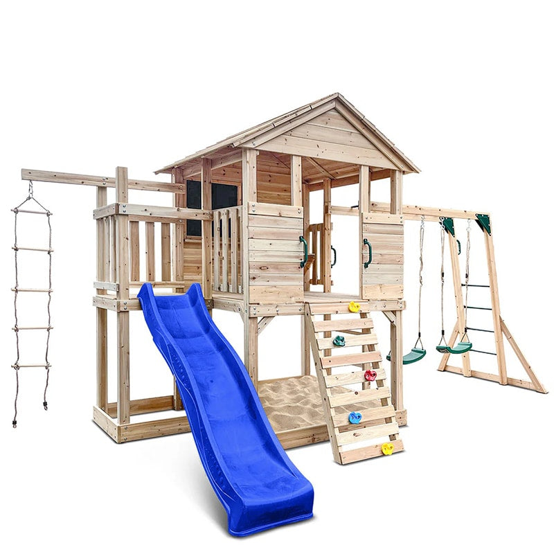 Lifespan Kids Kingston Cubby House with Slide, Double Swings, Monkey Bars and Sandpit (Blue Slide)