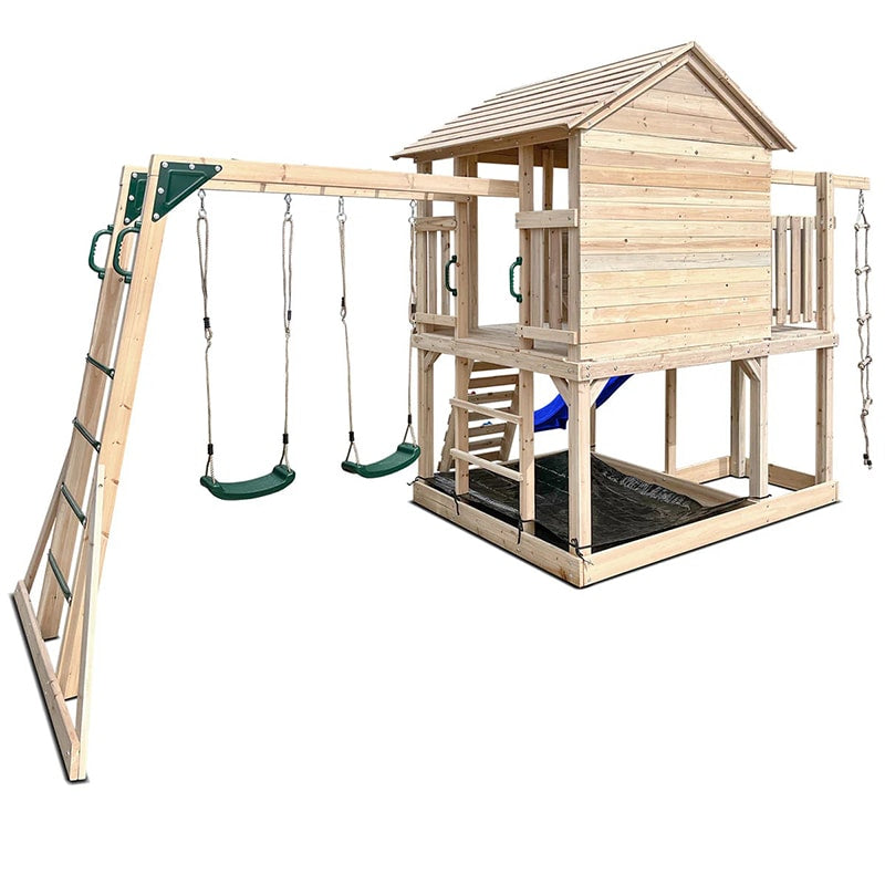 Lifespan Kids Kingston Cubby House with Slide, Double Swings, Monkey Bars and Sandpit (Blue Slide)