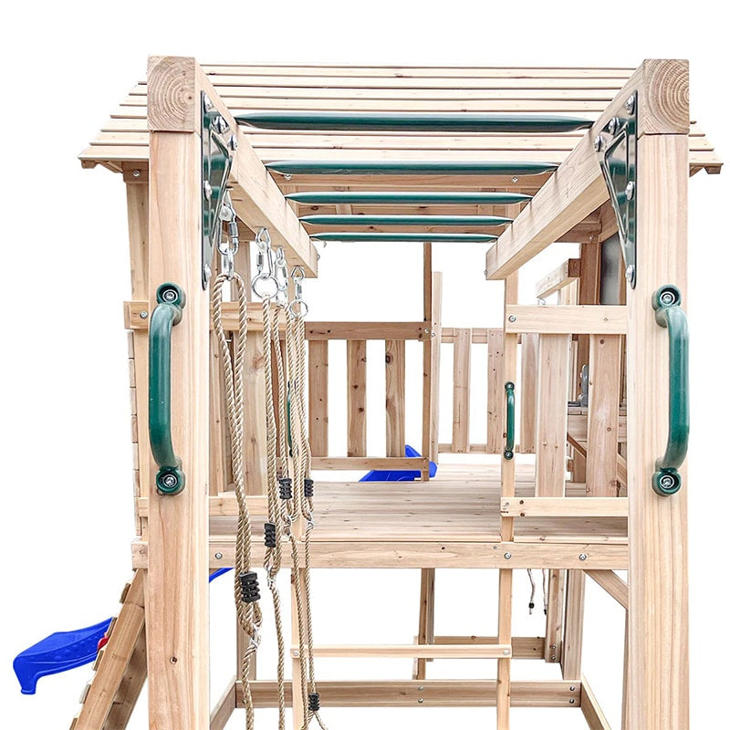 Lifespan Kids Kingston Cubby House with Slide, Double Swings, Monkey Bars and Sandpit (Blue Slide)