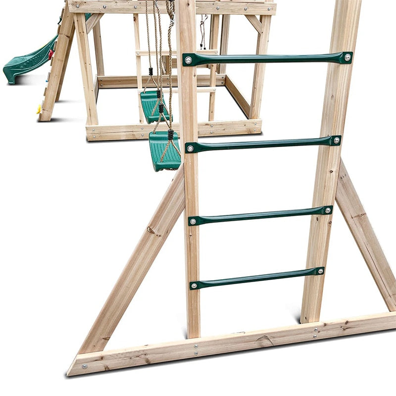 Lifespan Kids Kingston Cubby House with Slide, Double Swings, Monkey Bars and Sandpit (Green Slide)