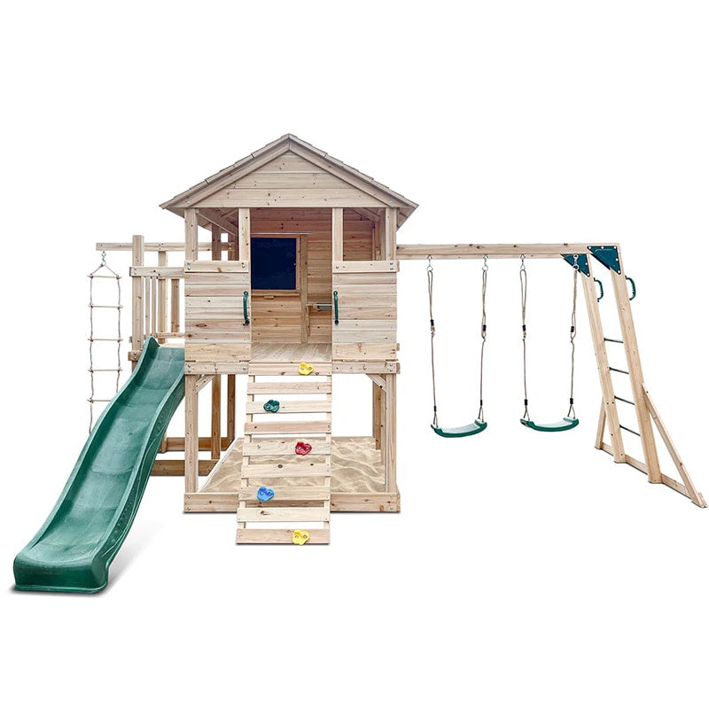 Lifespan Kids Kingston Cubby House with Slide, Double Swings, Monkey Bars and Sandpit (Green Slide)