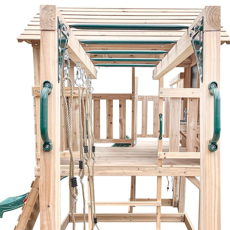 Lifespan Kids Kingston Cubby House with Slide, Double Swings, Monkey Bars and Sandpit (Green Slide)