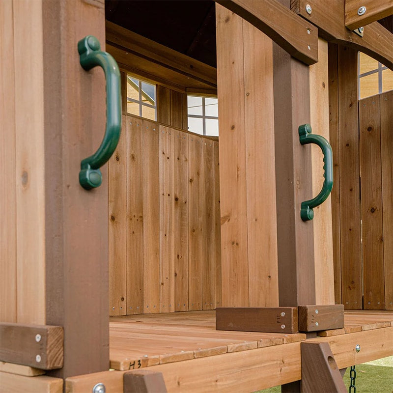 Lifespan Kids Meer Brook Play Centre with Cubby House, Triple Swing Set, Monkey Bars and Slide (Green Slide)