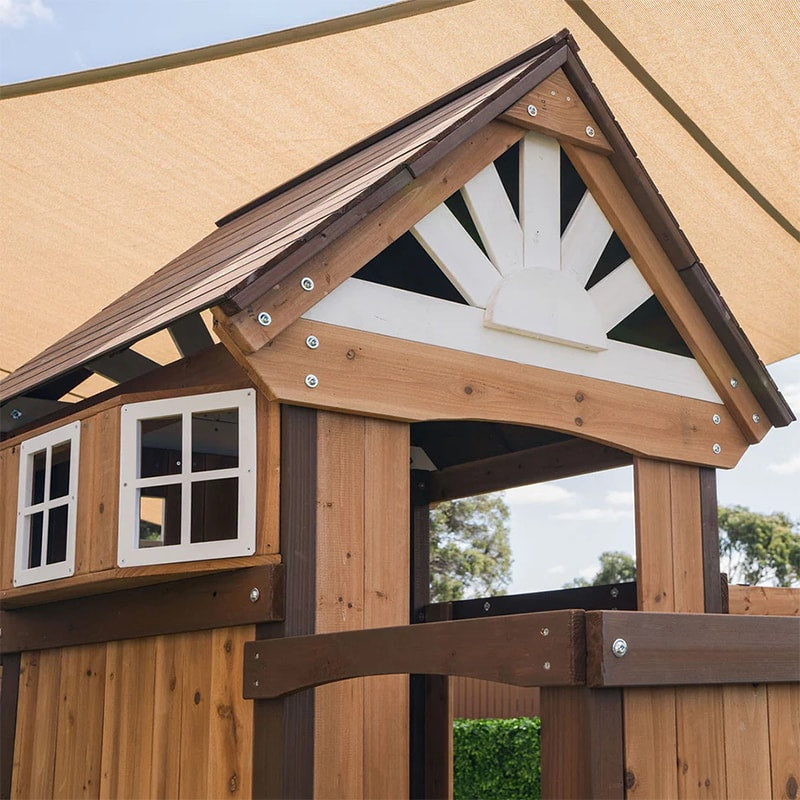 Lifespan Kids Meer Brook Play Centre with Cubby House, Triple Swing Set, Monkey Bars and Slide (Green Slide)