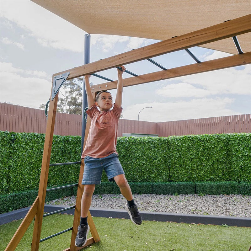 Lifespan Kids Meer Brook Play Centre with Cubby House, Triple Swing Set, Monkey Bars and Slide (Blue Slide)